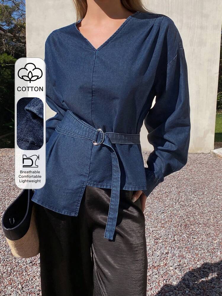 Women's V-Neck Long Sleeve Loose Waist Belt Decor Cinched Casual Denim Blouse