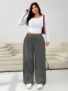 Solflare Quần ống rộng dáng suông màu trơn có dây rút dành cho nữ cỡ lớn, thích hợp cho các hoạt động mùa thu/đông. - Xám - Xem 3