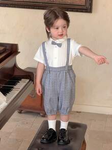 DAZY Toddler Boys' Plaid Collar Suspender Jumpsuit & Solid Color Shirt Set - Grey - View 9
