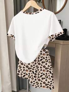 Bộ 2 món dành cho nữ tuổi teen, gồm áo thun ngắn tay và quần short in họa tiết da báo, trang trí nơ, viền tương phản, thích hợp mặc hàng ngày. - Nhiều màu - Xem 2