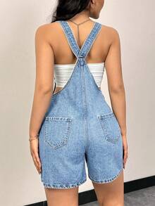 Rivivi Women's Summer Casual Everyday Commute Patchwork Pocket Denim Romper - Light Wash - View 2