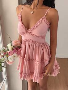 Sunnyshic 优雅女士吊带连衣裙，镂空设计，采用有机棉面料 - 粉色 - 查看 6