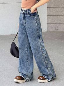 SHEIN Tween Girls' Casual Single-Breasted Pocket Straight-Leg Jeans, Versatile For Daily Wear - Dark Wash - View 5