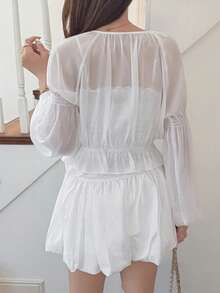 FRIFUL 2pcs Women's Spaghetti Strap Camisole Set, Ruffled Hem Elastic Camisole Top With Tie Waist, Lantern Sleeve Loose Cover Up, Sweet Summer Vacation Outfit From Spring To Summer - White - View 6