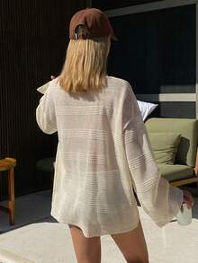 DAZY Women's Loose Crew Neck Long Sleeve Striped Patchwork Casual Elegant Knit Sweater, Spring/Autumn - Beige - View 2