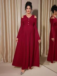Momance Maternity Raglan Sleeve Button Front Rib-Knit A-Line Midi Dress, Spring/Autumn - Burgundy - View 3