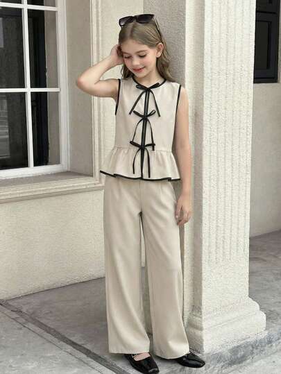 SHEIN Tween Girl Butterfly Decor Contrast Trim Casual Sleeveless Shirt Vest And Wide Leg Pants 2 Pieces Set, Apricot