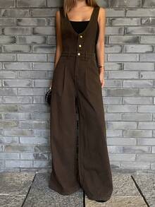 DAZY Women's V-Neck Urban Casual Denim Bib Pants And Jumpsuit - Coffee Brown - View 7