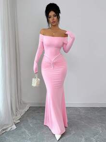 Rafferiza Vestido elegante con hombros descubiertos, vestido rosa, vestido para el Día de San Valentín, vestido con diseño de strass para una cita - Rosa - Ver 6