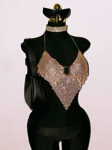 SHEIN DivaQ Women's Metal Halter Neck Top, Sexy Backless Top, Suitable For Music Festivals, Carnivals, And Parties Sparkle Top Rhinestone Top - Gold - View 6