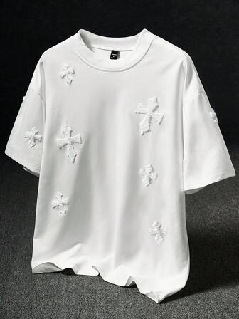 Manfinity Roghcode 남성 플러스플러스 사이즈 스트리트 스타일 인기 INS 매칭 크로스 풀 프린트 타월 자수, 데일리, 남자친구/남편 선물, 기념일 선물, 십자가 반팔 티셔츠가 있는 흰색 티셔츠