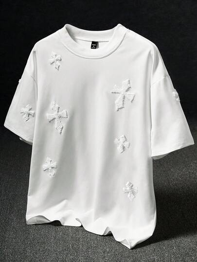 STYNVO Men Plus Size Street-Style Popular INS Matching Cross Full-Print Towel Embroidery, Daily, Boyfriend/Husband Gift, Anniversary Gift, White T-Shirt With Crosses Short Sleeve T-Shirt