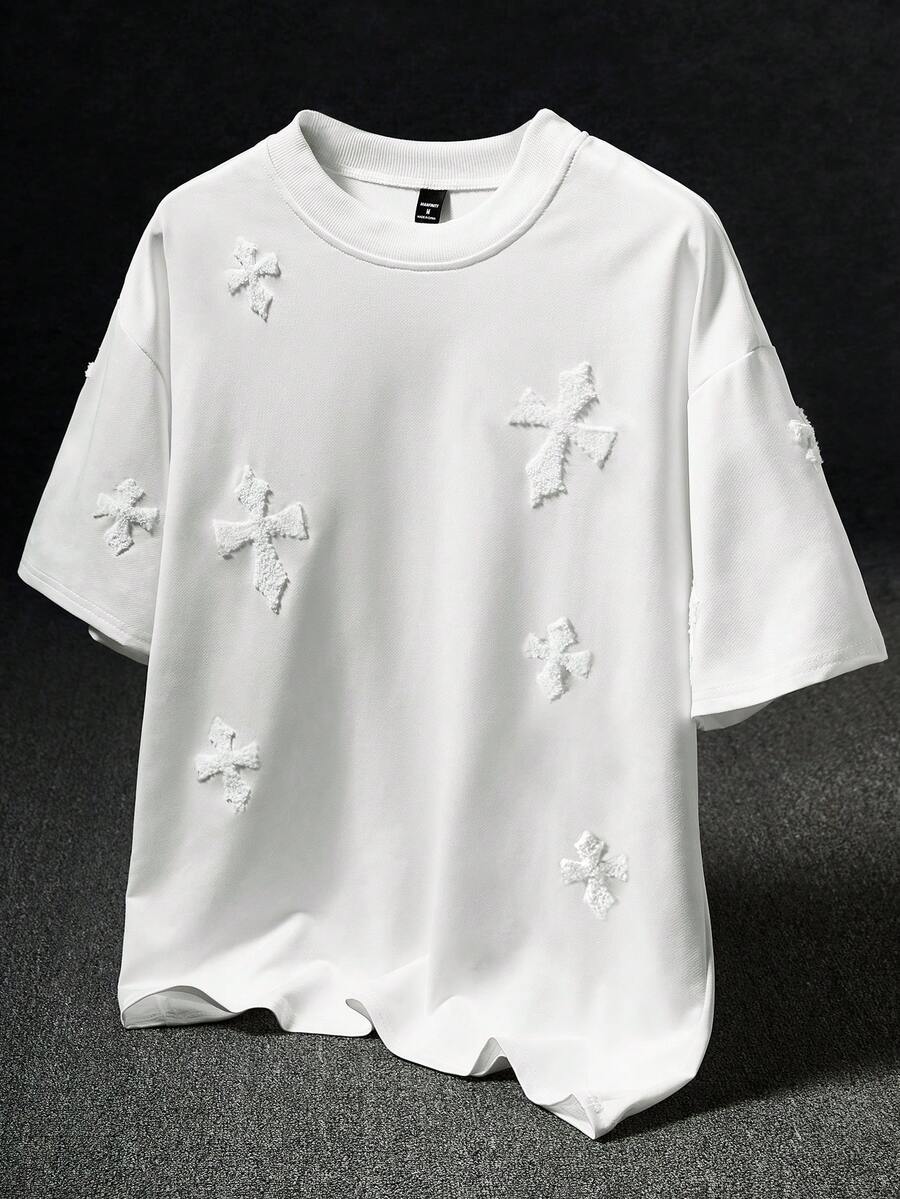 Manfinity Roghcode Men Plus Size Street-Style Popular INS Matching Cross Full-Print Towel Embroidery, Daily, Boyfriend/Husband Gift, Anniversary Gift, White T-Shirt With Crosses Short Sleeve T-Shirt