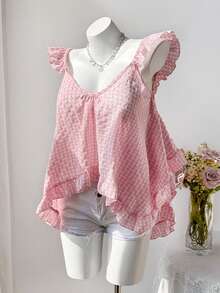 Sweetra Nuevo top sin mangas de verano con diseño de volantes asimétricos y estampado de cuadros rosas a la moda - Rosa - Ver 5