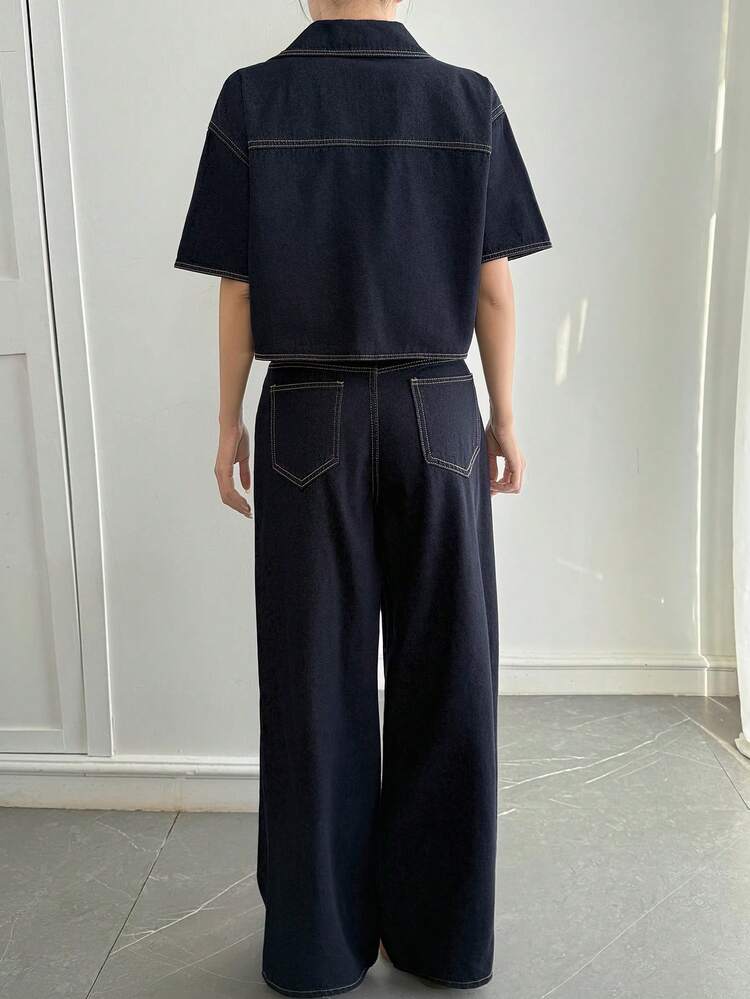 Women's Casual Denim Short Sleeve Shirt Top And Pants Set