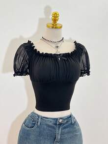 SHEIN PETITE Petite Women's Square Neck Double Layer Mesh Patchwork Elastic Waist Fitted Casual T-Shirt - Black - View 6