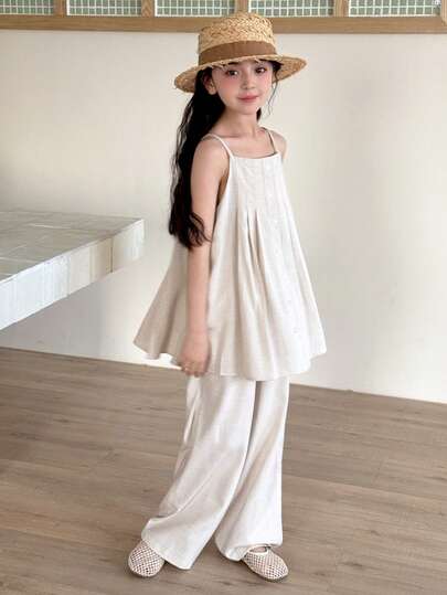 DAZY Tween Girl Solid Color Single-Breasted Pleated Long Camisole Shirt Top And Wide Leg Pants Casual Daily Outfit