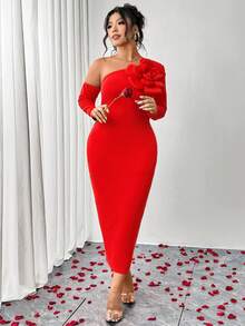 Elenzga 大码女式情人节花卉装饰露肩修身纯色长袖针织连衣裙 - 紅色 - 查看 5