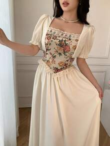 Celisse Women's Floral Jacquard Patchwork Midi Dress With Puff Sleeves, Elegant Romantic Wedding Day Party Date Beige Summer - Apricot - View 7