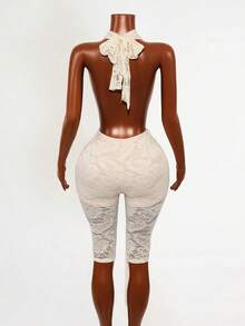 Mistrie Sexy Ladies' Lace Deep V-Neck Strap Bodysuit Pants - Apricot - View 2