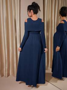 Momance Maternity Raglan Sleeve Button Front Rib-Knit A-Line Midi Dress, Spring/Autumn - Royal Blue - View 2