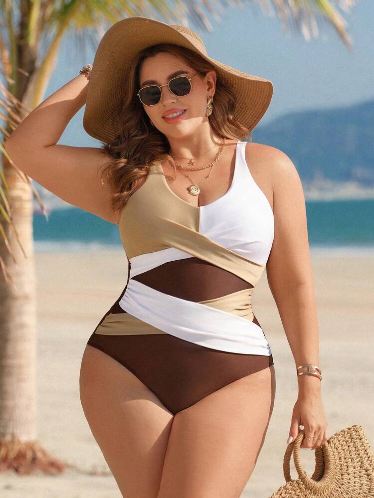 Swim Lushoire カラーブロック セクシーオープンバック ワンピース水着