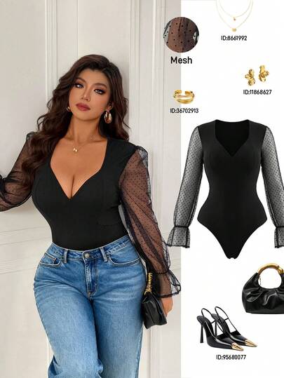 Femmeverse Plus Size Women's Sexy Polka Dot Mesh Puff Sleeve Patchwork Sheer Long Sleeve Bodysuit