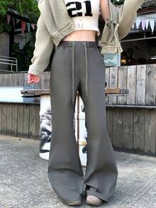 DAZY Women's Casual Korean Style Drawstring Waist Wide Leg Pants - Khaki - View 6