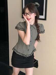 DAZY Women's Plaid Casual Short Sleeve Korean Style Blouse Summer - Black - View 4