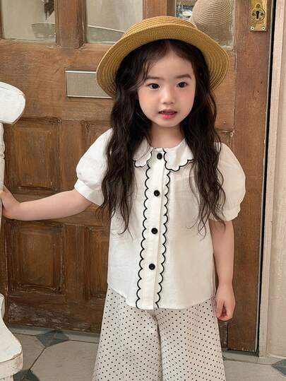 DAZY 女童甜美碎花彼得潘领纯棉短袖衬衫