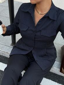 Dazy Plus 时尚条纹翻领长袖紧身短款开衫衬衫，春夏款 - 藏蓝色 - 查看 3