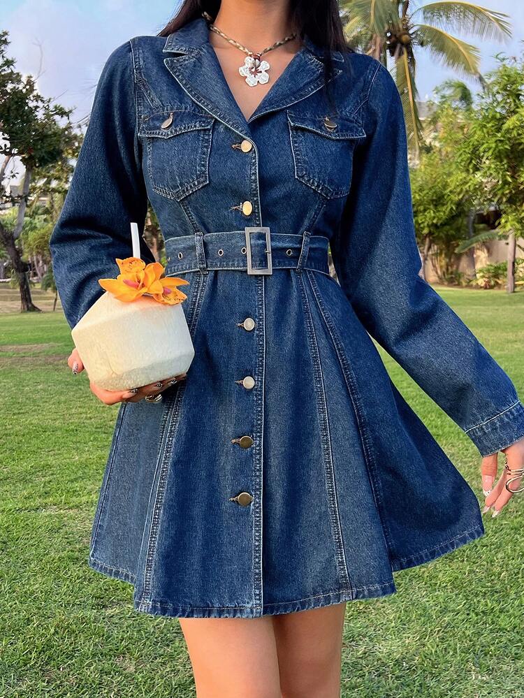 Women's Collared Pocket Cinched Waist Waist Short Casual Denim Dress