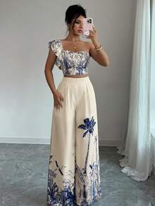 Elenzga Conjunto de 2 piezas con top de un hombro y pantalones de pierna ancha con estampado floral para mujer - Multicolor - Ver 3