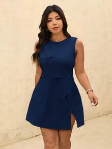 Elaquor Vestido de talla grande de unicolor con cuello redondo, ajustado y con abertura en el bajo sin mangas - Azul - Ver 6