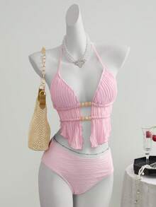 Swim Mod Women's Summer Beach Vacation Pink Front Tie Beaded Asymmetrical Hem Halter Swimsuit Top - Pink - View 4