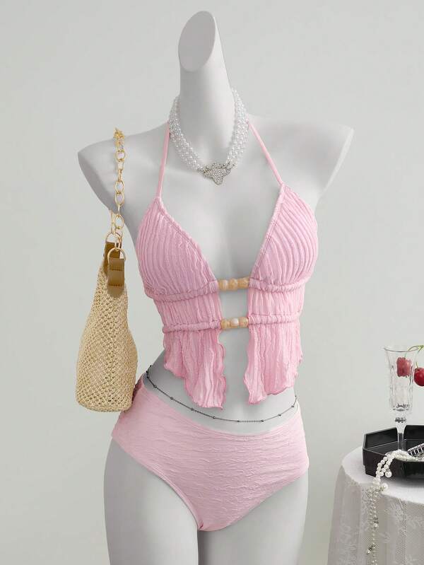 Swim Mod Women's Summer Beach Vacation Pink Front Tie Beaded Asymmetrical Hem Halter Swimsuit Top