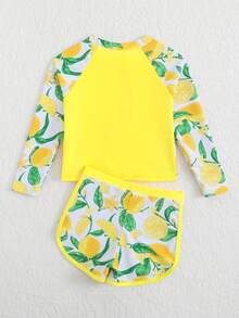 SHEIN 少女柠檬印花夏季沙滩泳装套装 - 黃色 - 查看 2