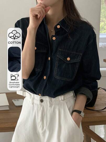 DAZY Vintage Long Sleeve Denim Shirt, Casual Loose Fit Workwear Jacket For Women