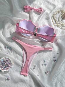 Swim SXY 2022 Spring/Summer Vacation Beach Women 2 Pieces Swimwear Set, Pink Laser Shell Padded Bikini 2026 New Women's Swimwear ArrivalFor School,Suitable For Holiday, Date, Afternoon Tea, Western, Cruise, Beach, Island, Road Trip, All Seasons, Music Festival, Boho Vacation,Bohemian Vacation, Chill Autumn ,Western Boho ,Elegant Tops For Women Sea Bikini Set Summer Sexy Bikini Set Bikini Sets Not Cheeky Shell Bikini Seashell Bikini - Pink - View 2