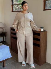 Dazy Plus 两件套休闲条纹宽松长袖上衣和长裤睡衣套装，粉色，春夏款 - 卡其色 - 查看 3