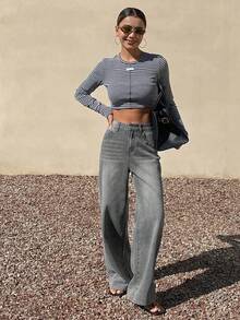 Livesso Women's Casual High Waist Loose Fit Wide Leg Washed Denim Jeans, Versatile For Daily Commute - Grey - View 5