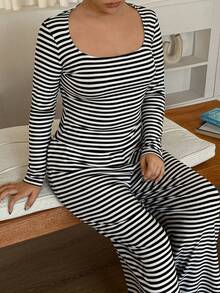 Dazy Plus Plus Size Women's Black & White Striped Print Scoop Neck Long Sleeve Top And Pants Pajama Set, Spring/Autumn - Black and White - View 1
