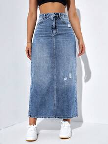 SHEIN PETITE 女士休闲时尚街头风高腰破洞牛仔迷你裙，适合日常通勤 - 藍色 - 查看 1