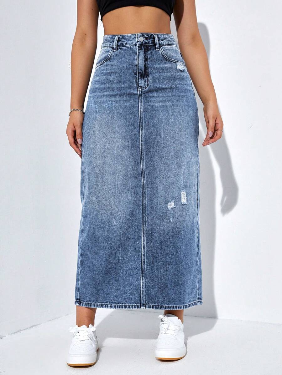 SHEIN PETITE 女士休闲时尚街头风高腰破洞牛仔迷你裙，适合日常通勤 - 藍色 - 查看 1