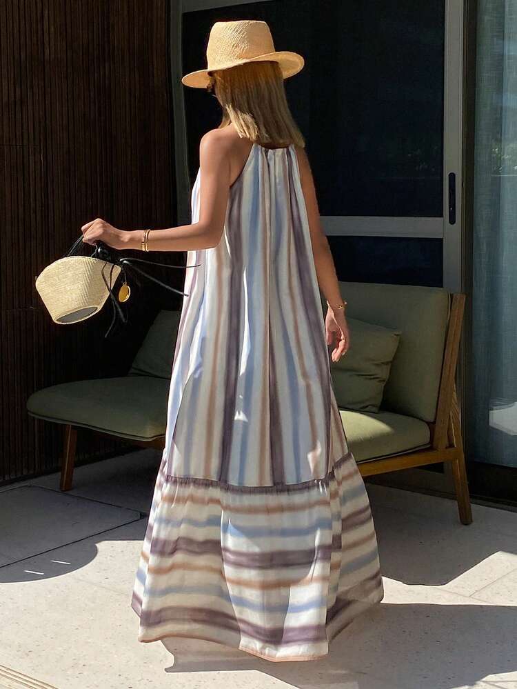 Striped Print Loose Long Hem Spaghetti Strap Dress, Casual Resort Wear For Women, Spring/Summer Cruise Outfit For Women Sundress