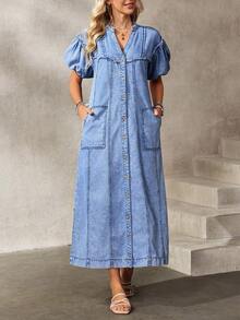 Breezaya Vestido de mezclilla holgado con cuello con muesca, mangas abultadas, bolsillo con abertura y botones, para uso casual y diario, verano - Azul - Ver 5