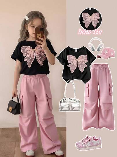 SHEIN ChillGRL Set de 2 piezas de camiseta y pantalón cargo informal para niñas preadolescentes, con camiseta de manga corta y cuello redondo con bordado de mariposa y pantalones, conjunto de moda para primavera/verano