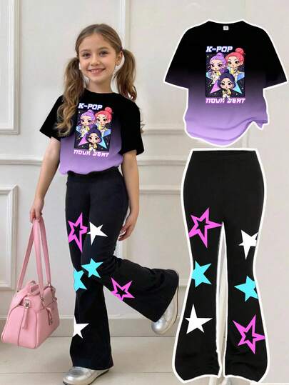 2pcs/Set Young Girl Casual Fashionable Creative Personalized Refreshing Cute Minimalist Virtual Girl Group Q-Version Character Buns Girl Colorful Pentagram Ombre Gradient Slogan Graphic Print Casual Basic Short T-Shirt And Flare Pants Suit, Comfortable Daily Wear, Suitable For Spring, Summer And Autumn