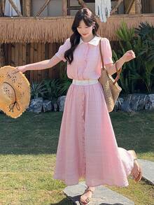 DAZY 2件套女士简约风荷叶边领连衣裙套装，韩版时尚，青春靓丽，显瘦优雅长裙 - 粉色 - 查看 4