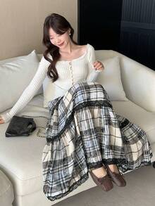 DAZY Women's Retro Plaid Lace Patchwork A-Line High Waist Skirt - Multicolor - View 6